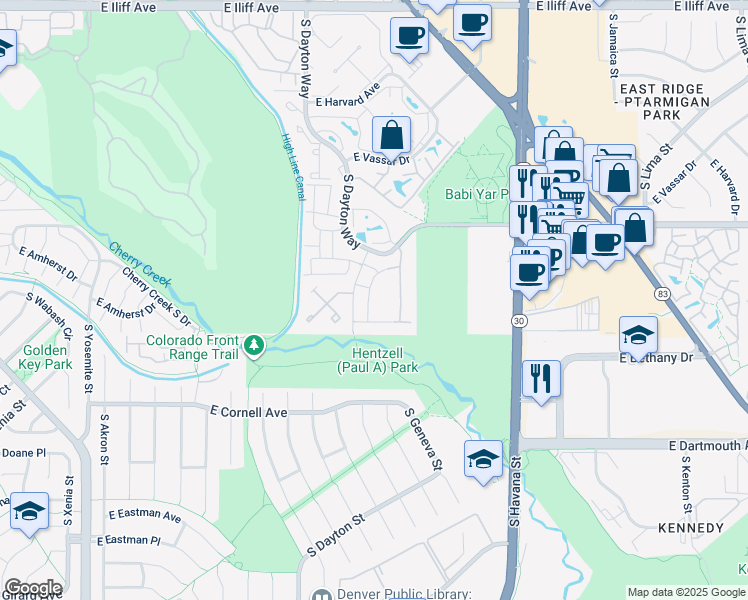 map of restaurants, bars, coffee shops, grocery stores, and more near 2770 South Elmira Street in Denver