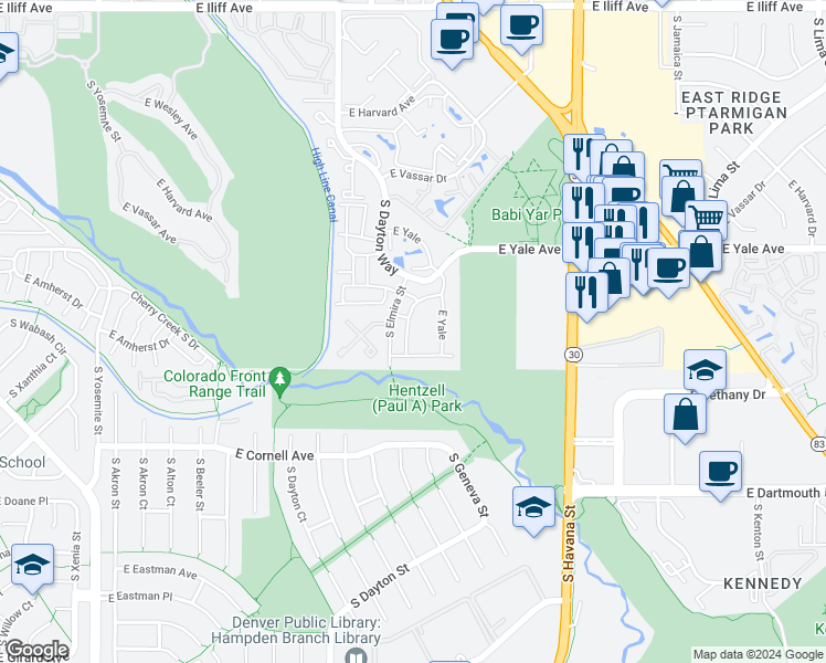 map of restaurants, bars, coffee shops, grocery stores, and more near 34 The Park in Denver