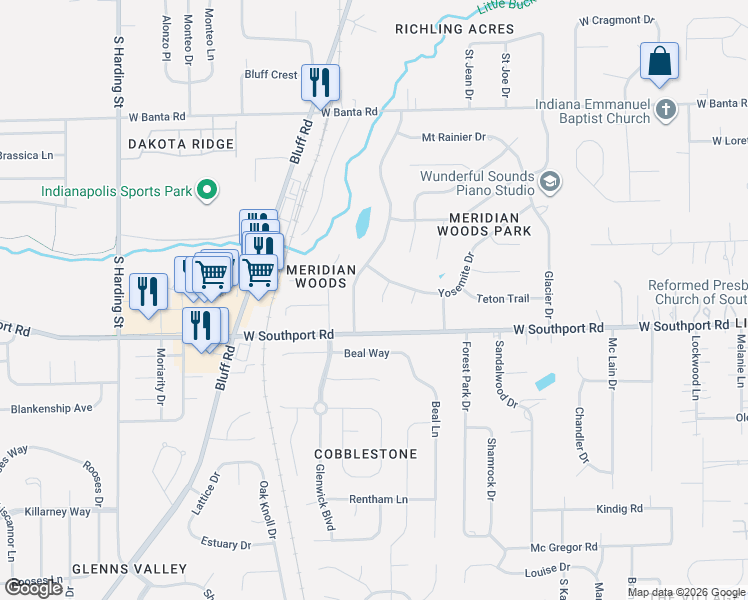 map of restaurants, bars, coffee shops, grocery stores, and more near 6951 Yellowstone Parkway in Indianapolis