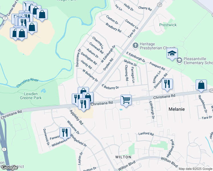 map of restaurants, bars, coffee shops, grocery stores, and more near 9 East Bellamy Drive in New Castle