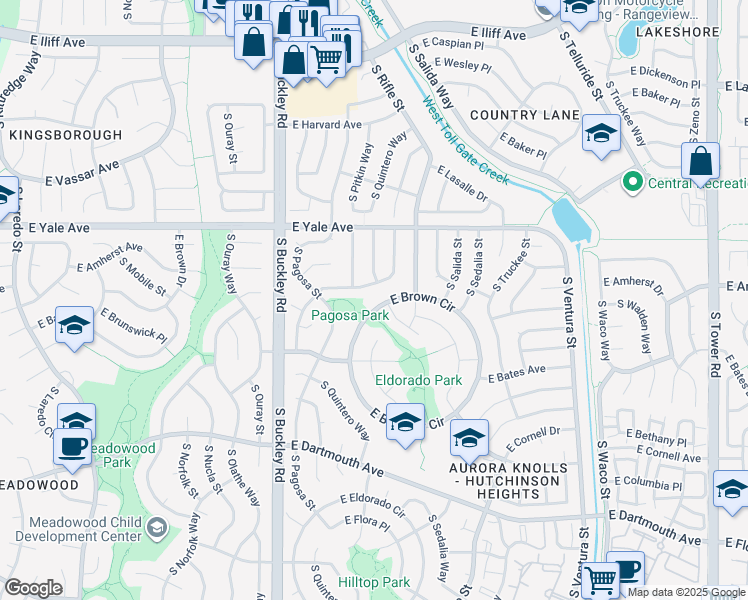 map of restaurants, bars, coffee shops, grocery stores, and more near 17201 East Brown Circle in Aurora