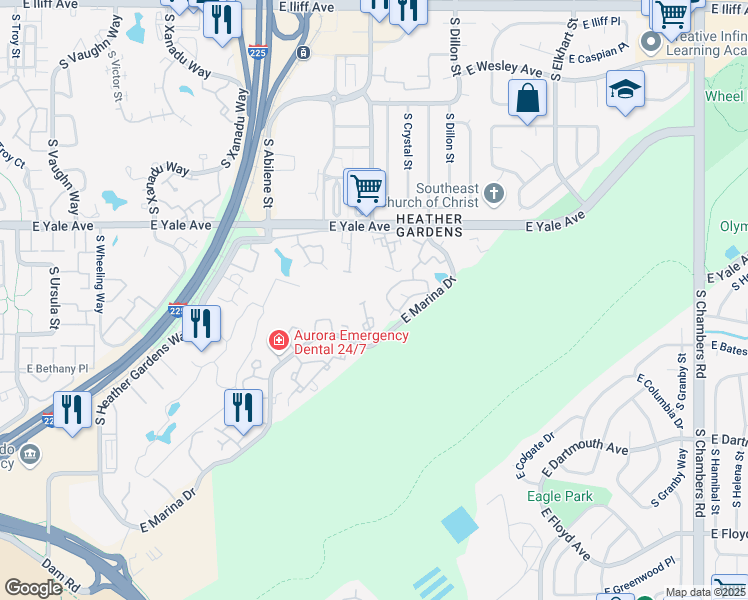 map of restaurants, bars, coffee shops, grocery stores, and more near 14001 East Marina Drive in Aurora