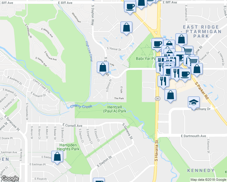 map of restaurants, bars, coffee shops, grocery stores, and more near 34 The Park in Denver