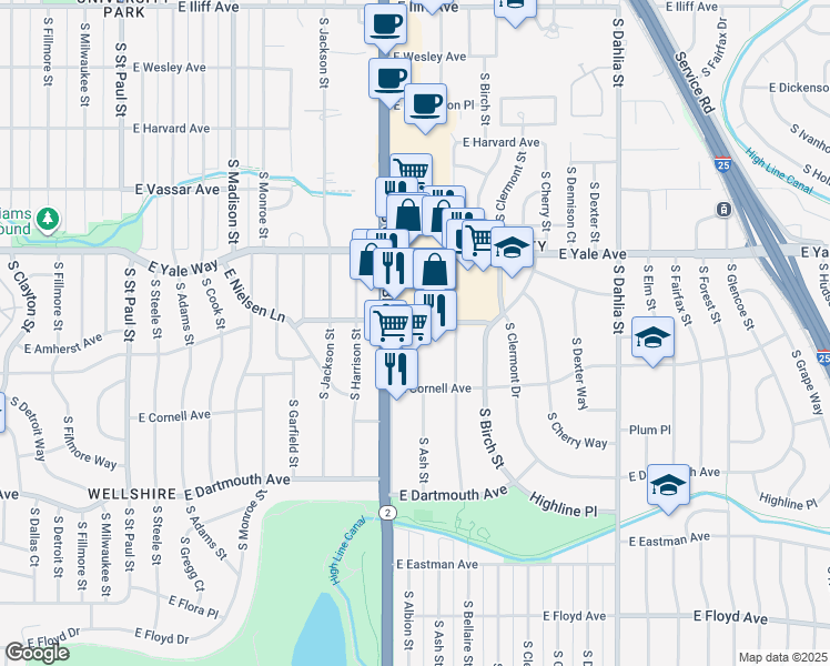 map of restaurants, bars, coffee shops, grocery stores, and more near 2860 Colorado 2 in Denver