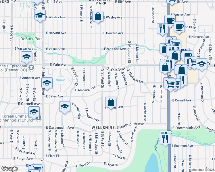map of restaurants, bars, coffee shops, grocery stores, and more near 2856 South Saint Paul Street in Denver