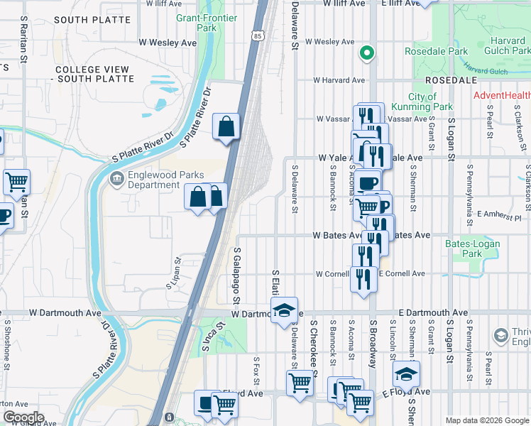 map of restaurants, bars, coffee shops, grocery stores, and more near 501 West Bates Avenue in Englewood