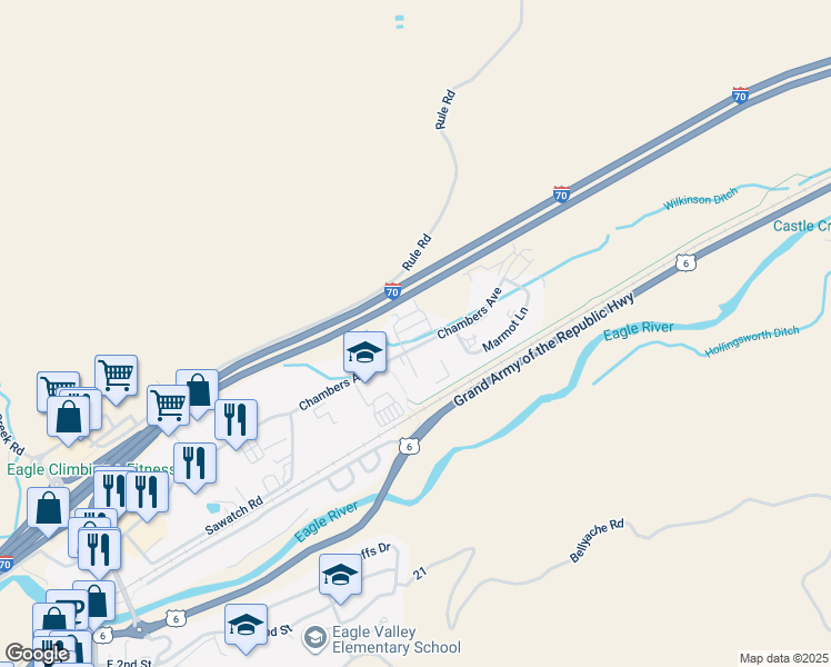 map of restaurants, bars, coffee shops, grocery stores, and more near 1046 Chambers Avenue in Eagle