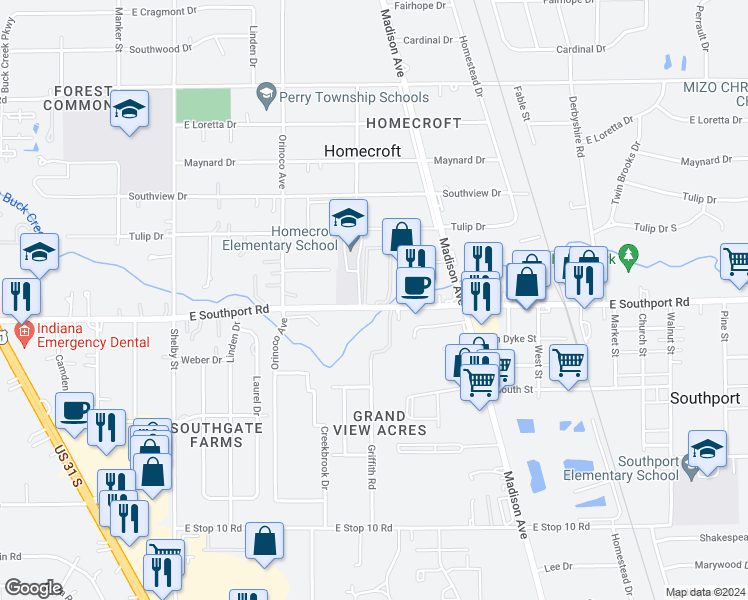 map of restaurants, bars, coffee shops, grocery stores, and more near 1515 East Southport Road in Indianapolis