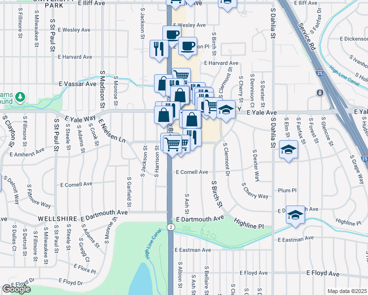 map of restaurants, bars, coffee shops, grocery stores, and more near 2860 Colorado 2 in Denver