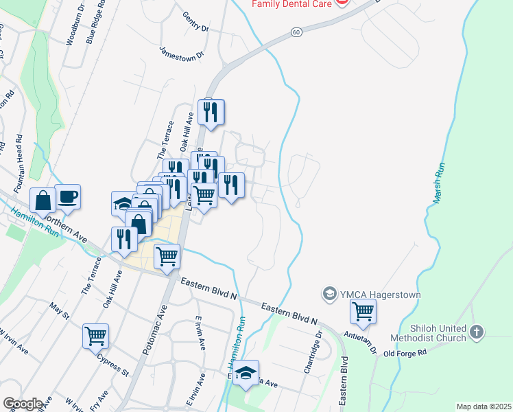 map of restaurants, bars, coffee shops, grocery stores, and more near 12086 Little Elliott Drive in Hagerstown
