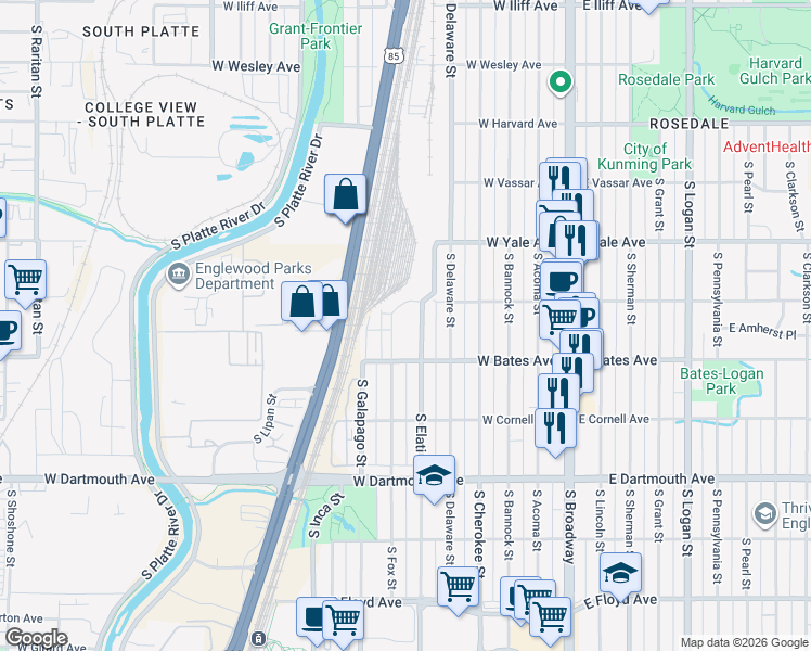 map of restaurants, bars, coffee shops, grocery stores, and more near 501 West Bates Avenue in Englewood