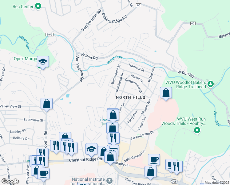 map of restaurants, bars, coffee shops, grocery stores, and more near 776 Northwest Drive in Morgantown