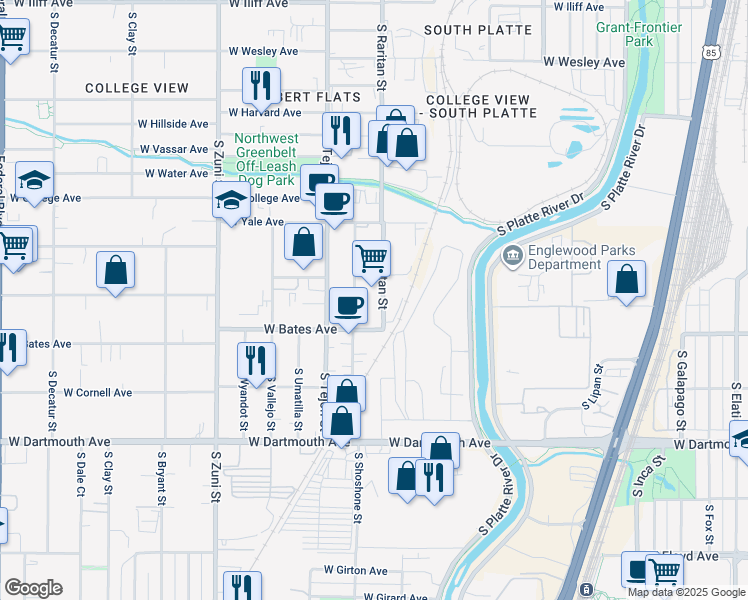 map of restaurants, bars, coffee shops, grocery stores, and more near 2895 S Raritan St in Englewood