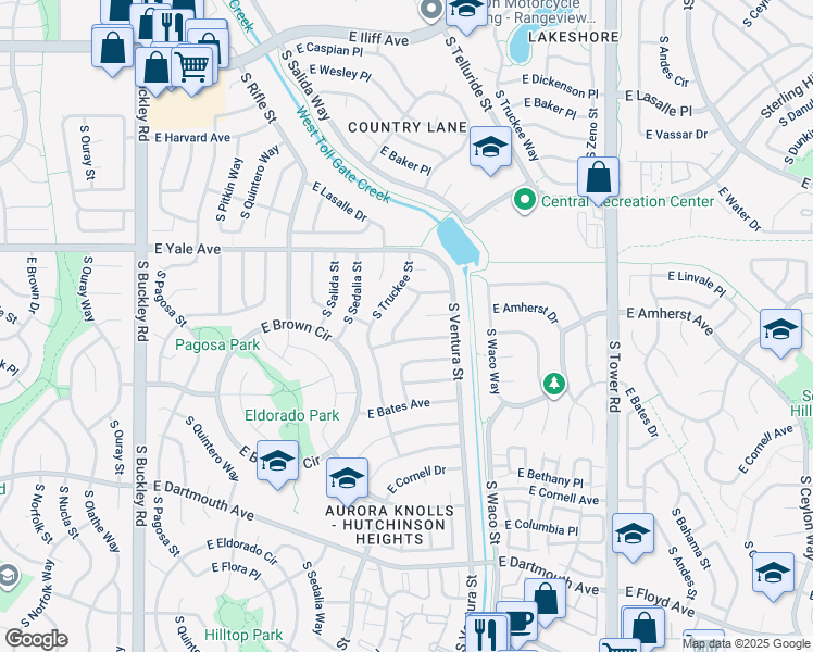 map of restaurants, bars, coffee shops, grocery stores, and more near 2754 South Uravan Street in Aurora