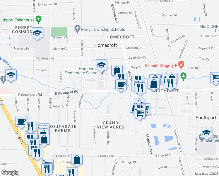 map of restaurants, bars, coffee shops, grocery stores, and more near 1515 East Southport Road in Indianapolis