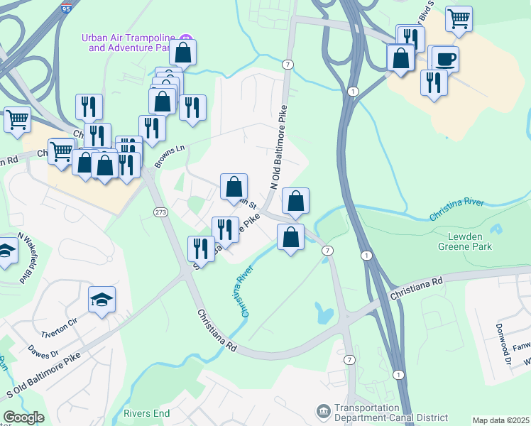 map of restaurants, bars, coffee shops, grocery stores, and more near 4 East Main Street in Newark