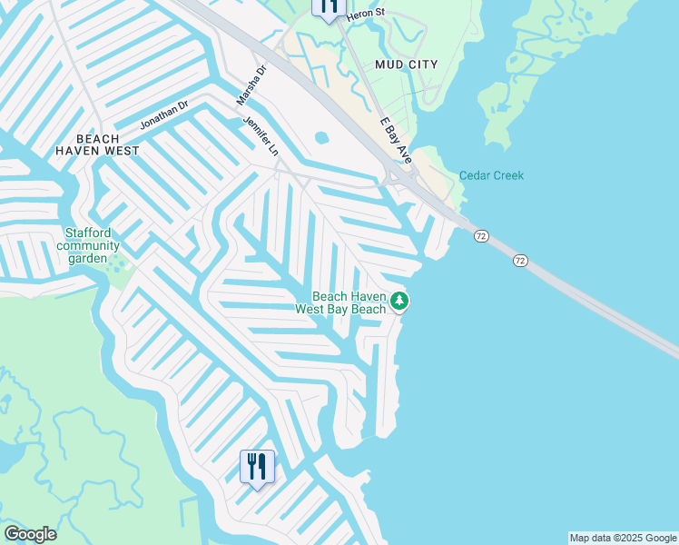 map of restaurants, bars, coffee shops, grocery stores, and more near 23 Mark Drive in Stafford Township