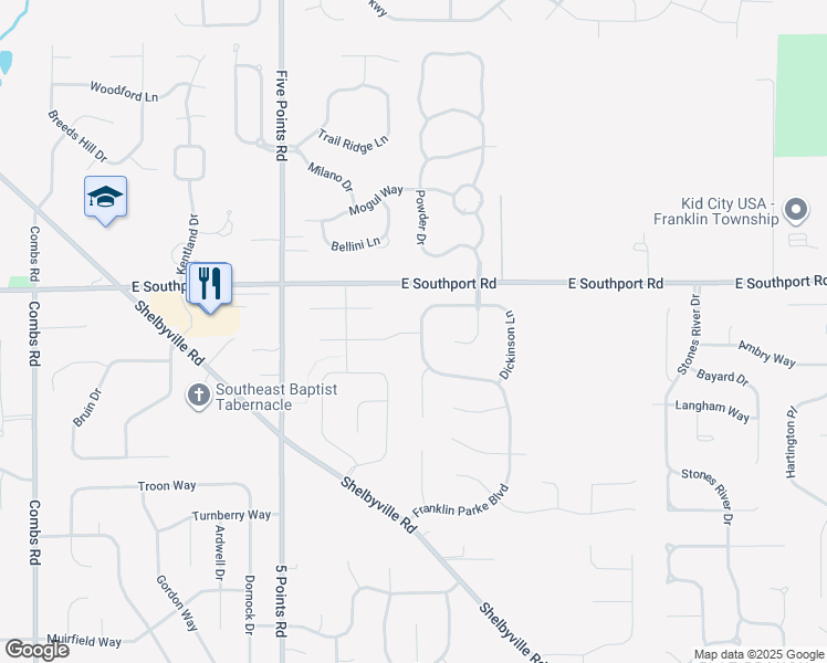 map of restaurants, bars, coffee shops, grocery stores, and more near 7110 Franklin Parke Boulevard in Indianapolis