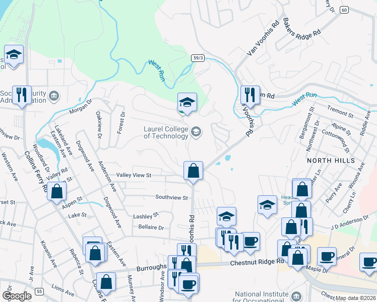 map of restaurants, bars, coffee shops, grocery stores, and more near 160 Wedgewood Drive in Morgantown