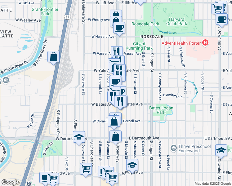 map of restaurants, bars, coffee shops, grocery stores, and more near 2795 South Broadway in Englewood