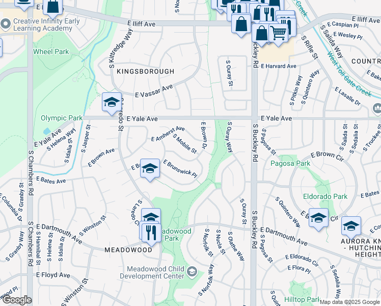 map of restaurants, bars, coffee shops, grocery stores, and more near 16538 East Amherst Avenue in Aurora