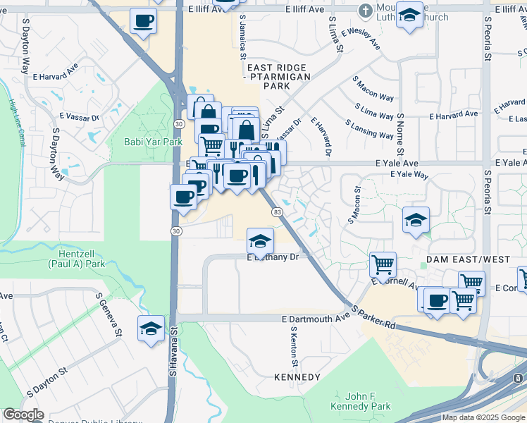 map of restaurants, bars, coffee shops, grocery stores, and more near 2796 South Kenton Court in Aurora
