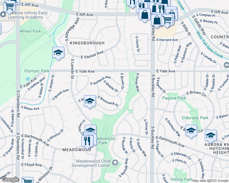 map of restaurants, bars, coffee shops, grocery stores, and more near 16538 East Amherst Avenue in Aurora
