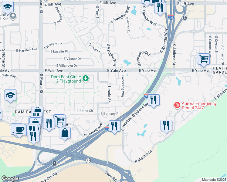 map of restaurants, bars, coffee shops, grocery stores, and more near 13281 East Amherst Avenue in Aurora