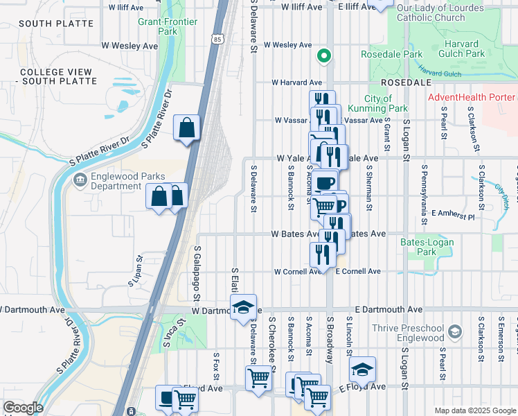 map of restaurants, bars, coffee shops, grocery stores, and more near 2797 South Delaware Street in Englewood