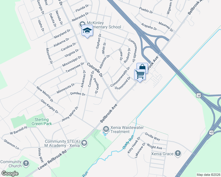 map of restaurants, bars, coffee shops, grocery stores, and more near 1369 Colorado Drive in Xenia