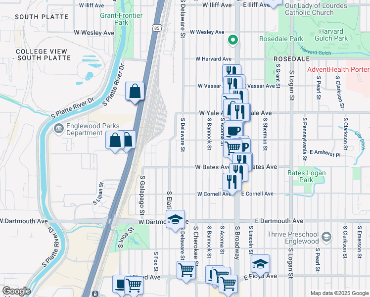 map of restaurants, bars, coffee shops, grocery stores, and more near 2822 South Delaware Street in Englewood