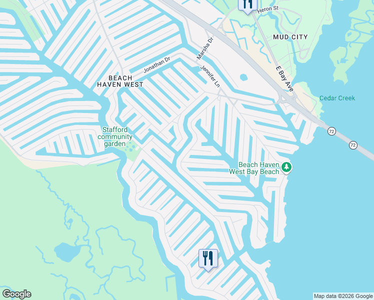 map of restaurants, bars, coffee shops, grocery stores, and more near 44 Marguerite Lane in Stafford Township