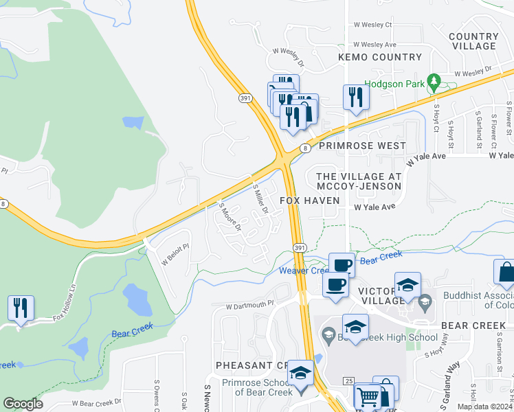 map of restaurants, bars, coffee shops, grocery stores, and more near 2615 South Miller Drive in Lakewood