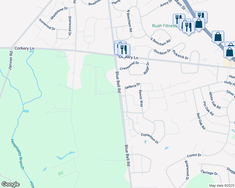 map of restaurants, bars, coffee shops, grocery stores, and more near 1137 Blue Bell Road in Monroe
