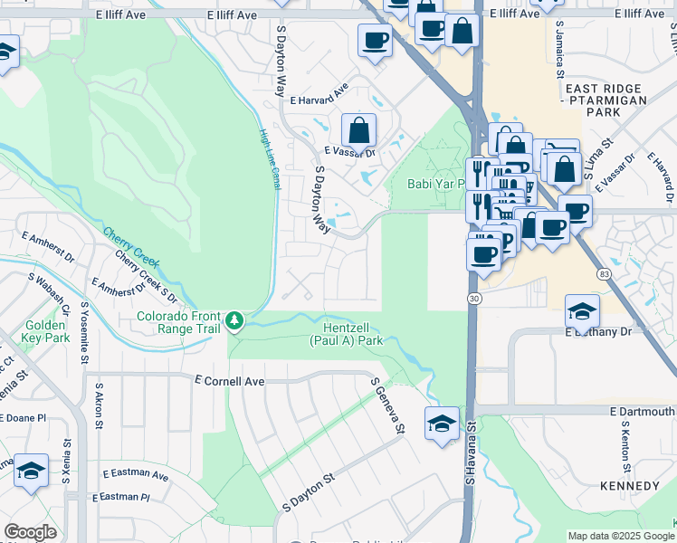 map of restaurants, bars, coffee shops, grocery stores, and more near The Park in Denver