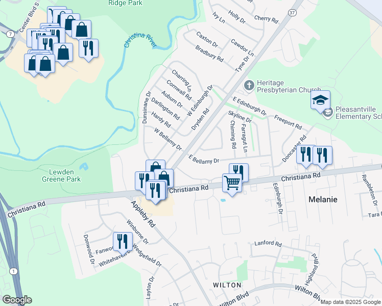 map of restaurants, bars, coffee shops, grocery stores, and more near 1 East Bellamy Drive in New Castle
