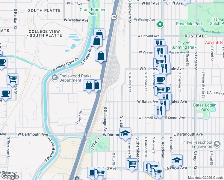 map of restaurants, bars, coffee shops, grocery stores, and more near 2806 South Fox Court in Englewood