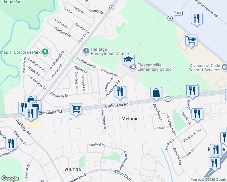 map of restaurants, bars, coffee shops, grocery stores, and more near 10 Ermine Lane in New Castle