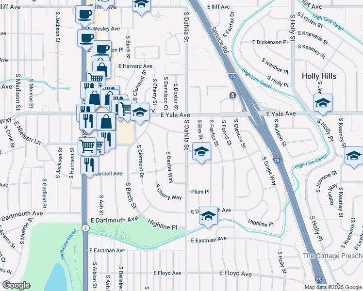 map of restaurants, bars, coffee shops, grocery stores, and more near 4750 East Amherst Avenue in Denver
