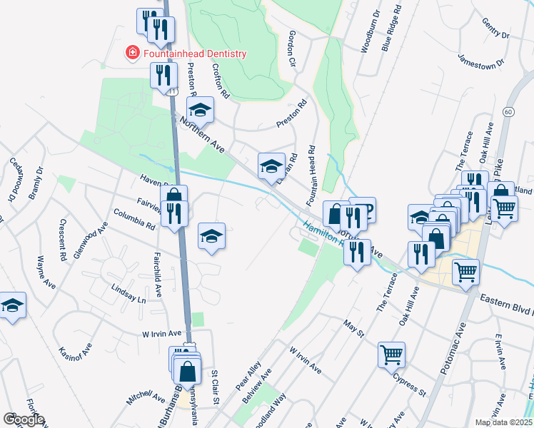 map of restaurants, bars, coffee shops, grocery stores, and more near 701 Northern Avenue in Hagerstown