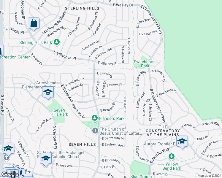 map of restaurants, bars, coffee shops, grocery stores, and more near 19867 East Brunswick Drive in Aurora