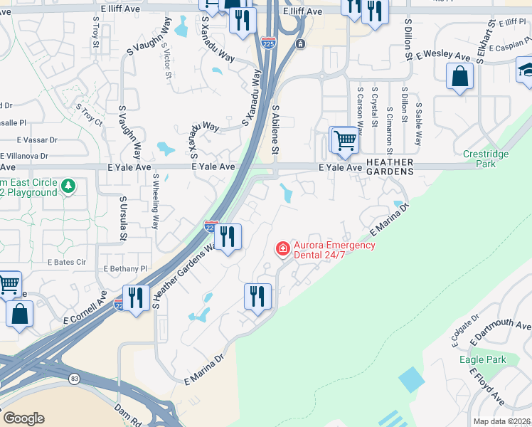map of restaurants, bars, coffee shops, grocery stores, and more near in Aurora