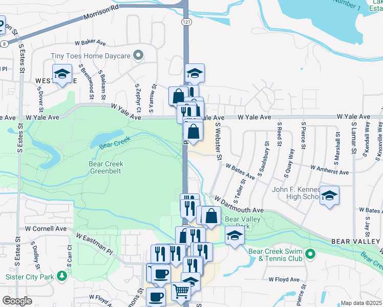 map of restaurants, bars, coffee shops, grocery stores, and more near 2780 South Wadsworth Boulevard in Denver