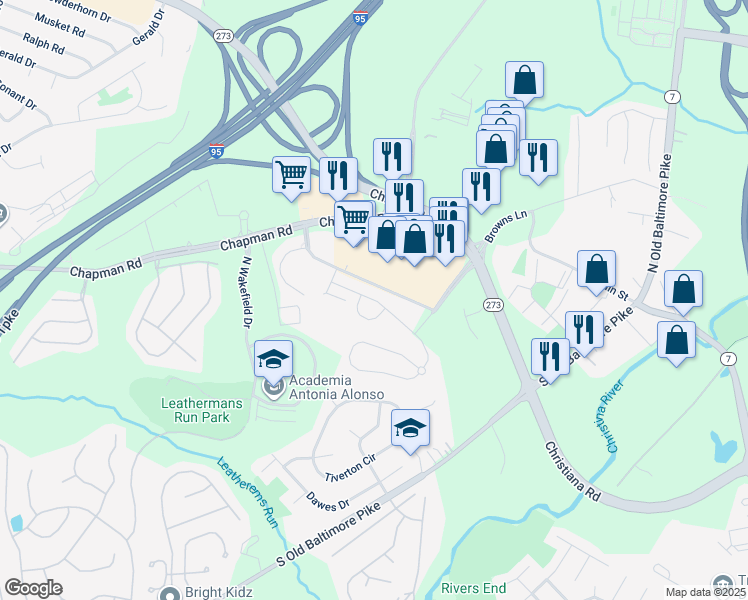map of restaurants, bars, coffee shops, grocery stores, and more near 409 Jacobsen Drive in Newark