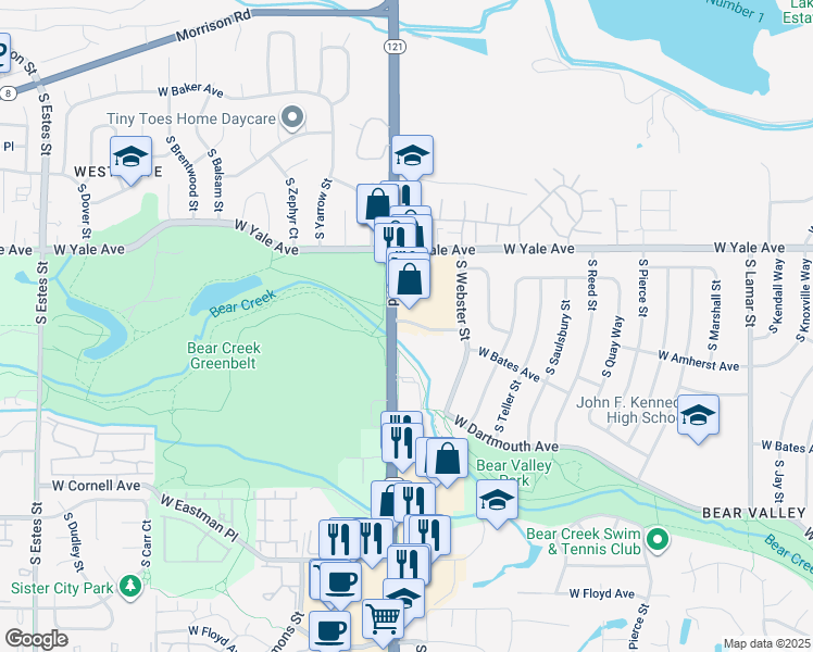 map of restaurants, bars, coffee shops, grocery stores, and more near 2780 South Wadsworth Boulevard in Denver