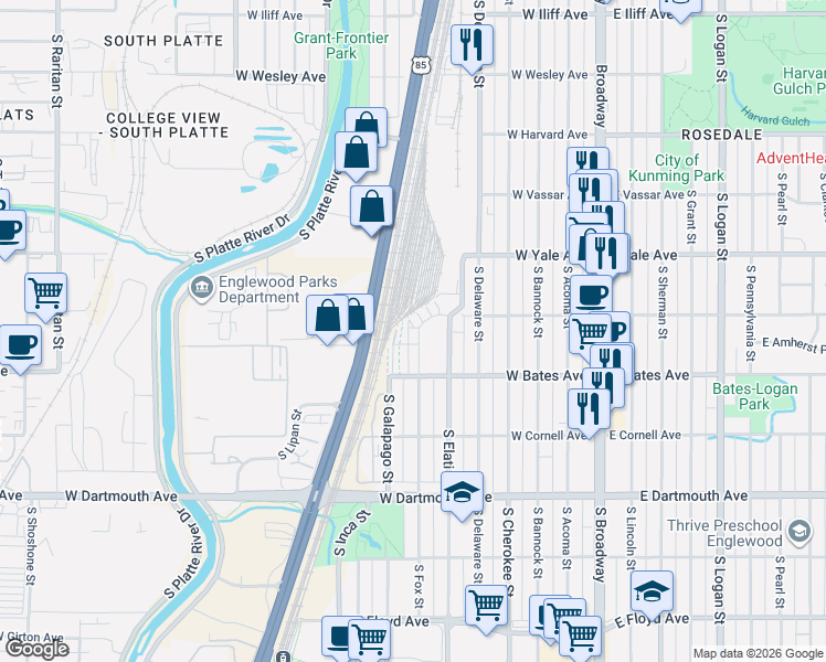 map of restaurants, bars, coffee shops, grocery stores, and more near 2806 South Fox Court in Englewood