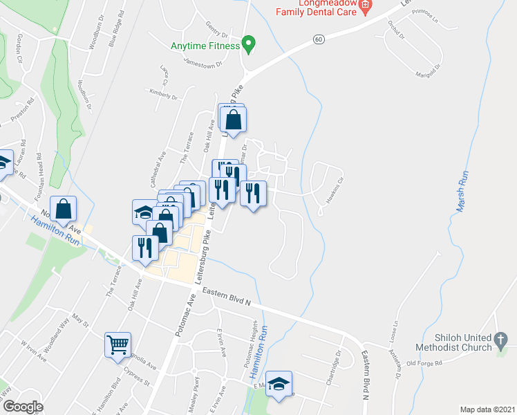 map of restaurants, bars, coffee shops, grocery stores, and more near 12817 Shank Farm Way in Hagerstown