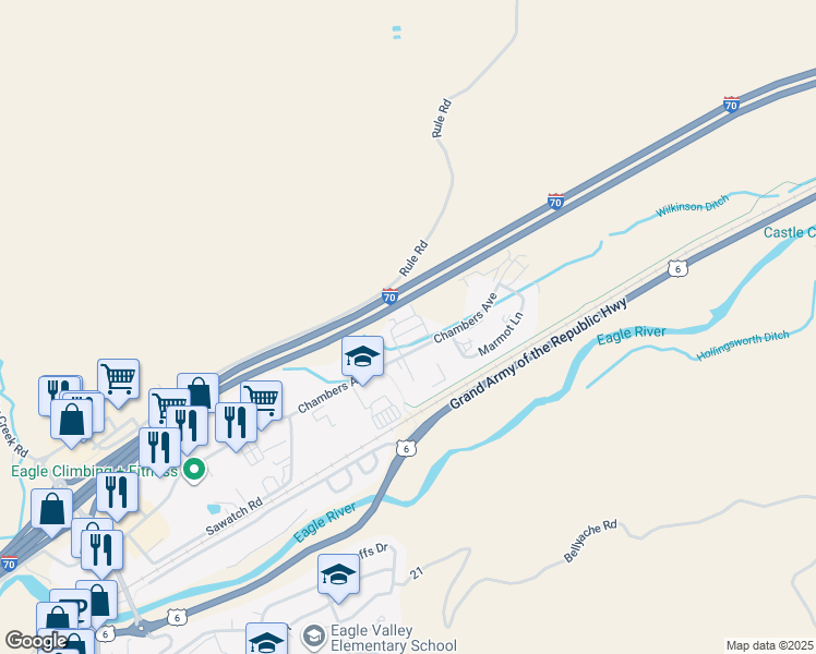 map of restaurants, bars, coffee shops, grocery stores, and more near 1125 Chambers Avenue in Eagle