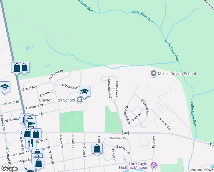 map of restaurants, bars, coffee shops, grocery stores, and more near 68 Dubois Avenue in Clayton