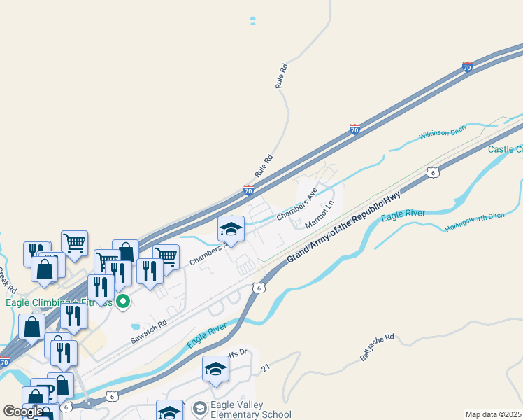 map of restaurants, bars, coffee shops, grocery stores, and more near 1125 Chambers Avenue in Eagle